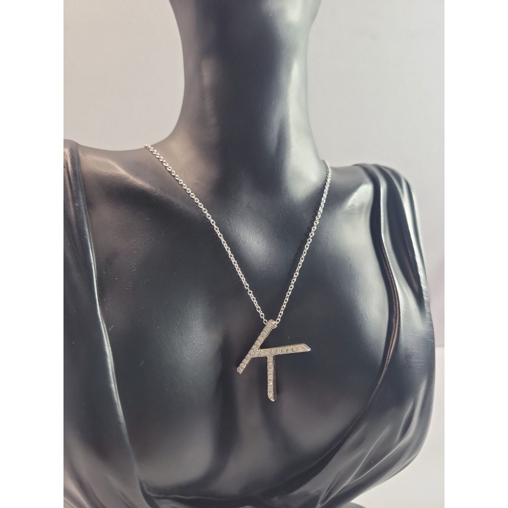Silver Tone Letter K Initial Pendant Necklace‎ Clear Rhinestone Dainty Jewelry